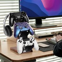 Support de manette en bois à 3 niveaux HEWYIOS compatible avec PS4 PS5 Switch Xbox - Bureau de jeu en bois marron