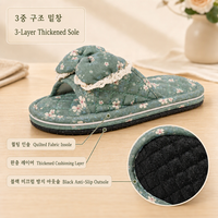Chaussons d'intérieur coréens pour femmes, style nœud et dentelle, bout ouvert, semelle triple couche, silencieux, doux, antidérapants, vente en gros