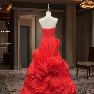 Abito <span class=keywords><strong>da</strong></span> Sera Formale <span class=keywords><strong>da</strong></span> <span class=keywords><strong>Donna</strong></span> Stile Los Angeles, Gonna a Sirena Rossa, Linea A, in Raso, Scollatura a Cuore, Chiffon Naturale con Cristalli e Arricciature - Product Image 4