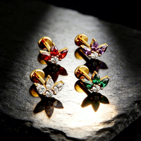Anting-anting tusuk titanium ASTM F136 dengan zircon CZ bunga, warna ungu merah hijau, minimalis, berulir dalam, perhiasan tubuh.
