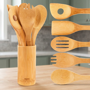 Ensemble d'ustensiles en bambou Neet, 5 pièces, cuillères de cuisine, spatules, sans danger pour les aliments, lavage à la main uniquement - Product Image 3