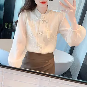 Wholesale High Quality Chic Design Embroidery Spring Shirt New Premium Feeling Temperament Tops Loose Vintage Plate Button