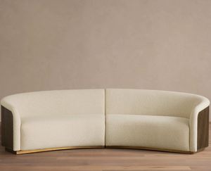 Sofá Modular Curvo con Tela Bouclé, Seccional en Forma de Media Luna con Laterales de Listones de Madera y Base de Plinto de Latón para Sala de Estar - Product Image 5