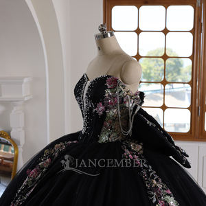 Pour Jancember WC041 Vintage noir arc paillettes robe florale 15 ans fête Vestido naturel broderie perles cristal - Product Image 5