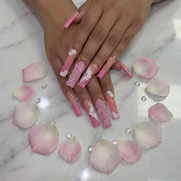 Faux ongles à presser de qualité supérieure, longs, forme cercueil, avec breloques 3D, nœuds et perles, pour fêtes, vente en gros