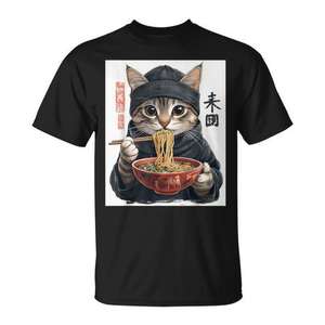 Camiseta gráfica de estilo japonés Anime Cat Ramen, unisex, talla para adultos - Product Image 1