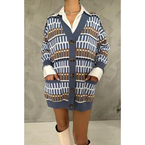 Suéter de Punto Estampado para Mujer, Manga Larga, Casual, Antipilling, 16 Gg, Cárdigan Largo, Estilo Oversize - Product Image 1