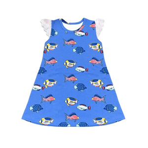 GSD3992 Vestido personalizado para niña pequeña con estampado de peces azules, conjunto infantil al por mayor con mangas voladas para bebé niña - Product Image 1