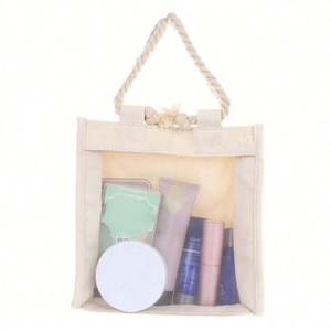 Sac de toilette de voyage en toile, grand organisateur de cosmétiques de voyage, sac de toilette transparent plus grand avec poignée en corde de coton - Product Image 1