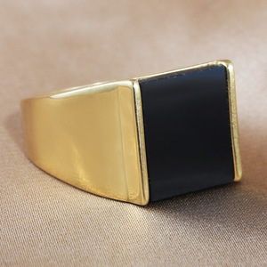 yunnique <b>Men's</b> Square <b>Black</b> Stone <b>Ring</b> Steel Gold Geometric Bezel Setting Gift Jewelry - Product Image 1