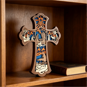 Décoration murale de Noël originale en forme de croix, 9 pouces, en bois sculpté, art mural religieux, ornement de Noël en bois en forme de croix de la Nativité - Product Image 2