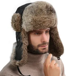 2023 Chapéu Rapper de Inverno Personalizado para Homens Algodão Quente Ushanka Russo Caça Ear Flap Hat Chapéu De Pele De Coelho Para Homens