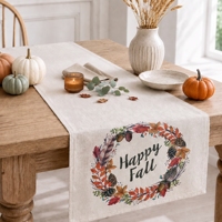 Chemin de table imprimé couronne florale Joyeux Automne, décoration de table pour la récolte d'automne et le dîner de Thanksgiving, vente au détail et en gros