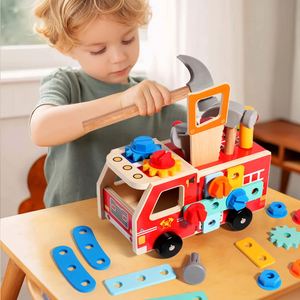 Wood Gift Kid-Safe Puzzle Shape Sorting <b>Tools</b> Take-Apart Stem Vehicle Wooden <b>Fire</b> Truck Toy - Product Image 1