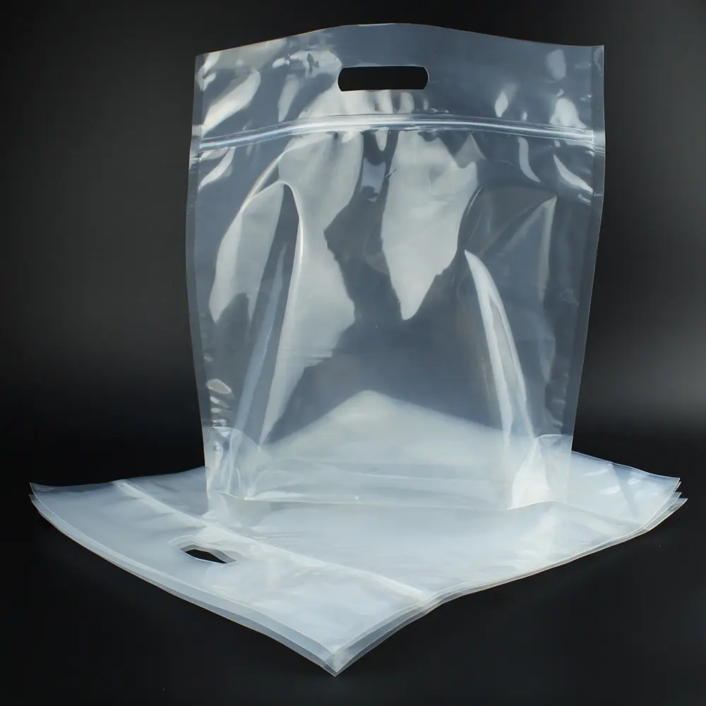 Grand sac d'emballage alimentaire transparent Ziplock en plastique Sac à fermeture éclair debout en plastique avec poignée Sac en plastique épais transparent à fermeture éclair