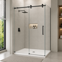 Cabine de douche d'angle noire style porte de grange avec porte coulissante en verre et receveur, sur mesure, OEM, vente en gros pour salle de bain