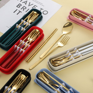 Juego de cubiertos de viaje de acero inoxidable, 2 uds., 3 uds., soporte para vajilla, cuchara, tenedor, palillos, caja de utensilios, vajilla portátil - Product Image 1