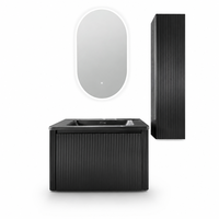 Ensemble de meubles de salle de bain moderne de luxe noir mat cannelé avec miroir LED intelligent ovale et armoire de rangement latérale murale haute