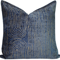 Ensemble de coussins décoratifs bleu marine et or, carrés et lombaires, style moderne glamour, imprimé lignes abstraites, pour canapé et chambre à coucher