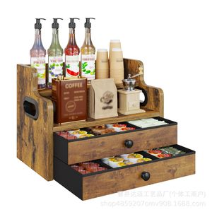 Wooden Liquor Display Rack 36.5x22.3x27cm Double Drawer <b>Desktop</b> Beverage Storage <b>Shelf</b> For Bar Coffee Tea Room - Product Image 5