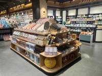 Étagères de présentation pour supermarchés 2026, rayonnages commerciaux en bois, rayonnages double face pour épiceries