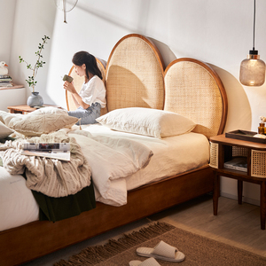 Cadre de <span class=keywords><strong>lit</strong></span> vintage en bois massif et rotin, <span class=keywords><strong>lit</strong></span> plateforme Queen/King style Mid-Century Modern avec tête de <span class=keywords><strong>lit</strong></span> tressée à la main, mobilier de chambre - Product Image 2