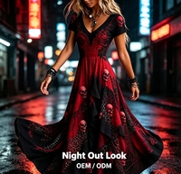Robe mini fluide vintage pour femme, noire et rouge, à imprimé crâne et toile d'araignée, col mandarin, épaules dégagées, taille empire, avec logo frontal, hiver