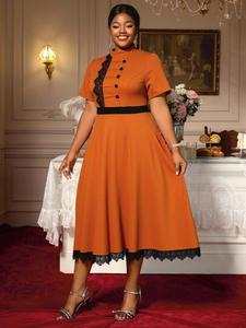 Abito Casual <span class=keywords><strong>da</strong></span> Donna Vintage a Contrasto Colore, Maniche Corte, Patchwork in Pizzo, Marrone, Linea ad A, Taglie Forti, Lunghezza <span class=keywords><strong>Midi</strong></span>, Formale per Chiesa - Product Image 2