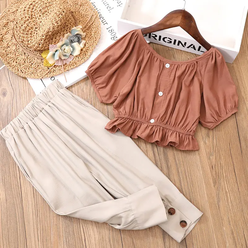 Girls' clothing fashion set Western style summer new children's girl baby short-sleeved tops bloomers two-piece set