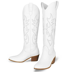 Yeni moda kadınlar batı işlemeli uzun sivri burun tıknaz topuk çekme diz yüksek kovboy çizmeler Cowgirl için - Product Image 1