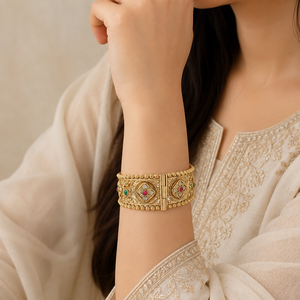 DIVYORO Luxury Regal Antique Gold <b>Hinged</b> Bangle Elegant Floral Gemstone Ornamentation Traditional Ethnic Jewelry Women's 112g - Product Image 4