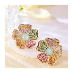 European and American Entry Lux Retro Diamonds Flower Zircon Petals Copper Sole Gold Plated Colored Gems Earrings