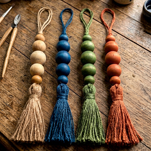Wood <b>Bead</b> Tassel Decorative <b>Fringe</b> in Natural Blue Green Orange Colors - Product Image 1