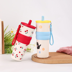 Gobelet à café créatif en gros, motif dessin animé, en acier inoxydable, isolé, avec cordon, mug portable avec paille pour l'extérieur - Product Image 2