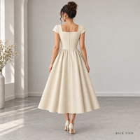 Robe Midi Femme Marque Privée, Tissée, Jupe Froncée, Col Carré, Manches Courtes, Taille Cintrée, Coupe Trapèze, pour Occasions Spéciales