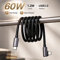 Câble USB-C coudé 1,2 m, charge rapide PD 60W 5A, câble de données USB 2.0 Type C vers C, logo personnalisé, fournisseur OEM ODM en gros