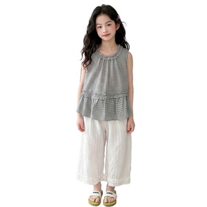 Ropa de Verano para Niñas Grandes, Camisa sin Mangas a Cuadros, Chaleco, Pantalones <span class=keywords><strong>Capri</strong></span> de Pierna Ancha con Encaje para Niñas Mayores - Product Image 6