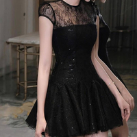 Fabricant de vêtements en Chine vêtements de marque personnalisés été noir dame dentelle paillettes décontracté à manches courtes Mini robe trapèze femmes