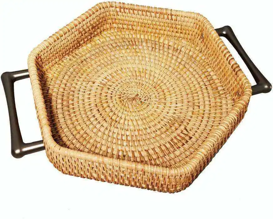 cesta de mimbre Wicker Basket Decorative Rectangular Round Woven Rattan Serving Tray Set with Handles
