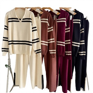 Casual Contrasting Striped Lapel Women's Knitted Sweater <b>Suit</b> Autumn Plain Dyed <b>Button</b> Loose Fit Breathable Eco-Friendly 2-Piece - Product Image 3