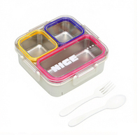 Boîte à lunch carrée mignonne pour enfants, à double paroi, étanche, à 3 compartiments, en acier inoxydable, avec couvercle en plastique sans BPA et couverts