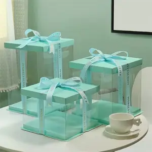 Wholesale Tall Transparent Plastic Clear Cake Packaging Box Square Wedding Pop Bakery Cake Box