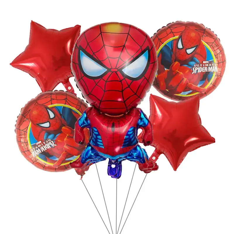 Karikatür süper folyo helyum doğum günü partisi balon dekorasyon ucuz örümcek adam folyo balonlar çocuklar doğum günü partisi için 5 adet Set