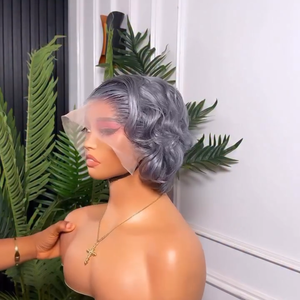 วิกผมบ๊อบสั้นสีเทาแบบ <span class=keywords><strong>Pixie</strong></span> Cut ขนาด 13*4  วิกผมหน้าผากโปร่งใสแบบ Lace Front  ความหนาแน่น 180%  ทำจากผมแท้ของชาวอินเดีย สำหรับผู้หญิง - Product Image 2