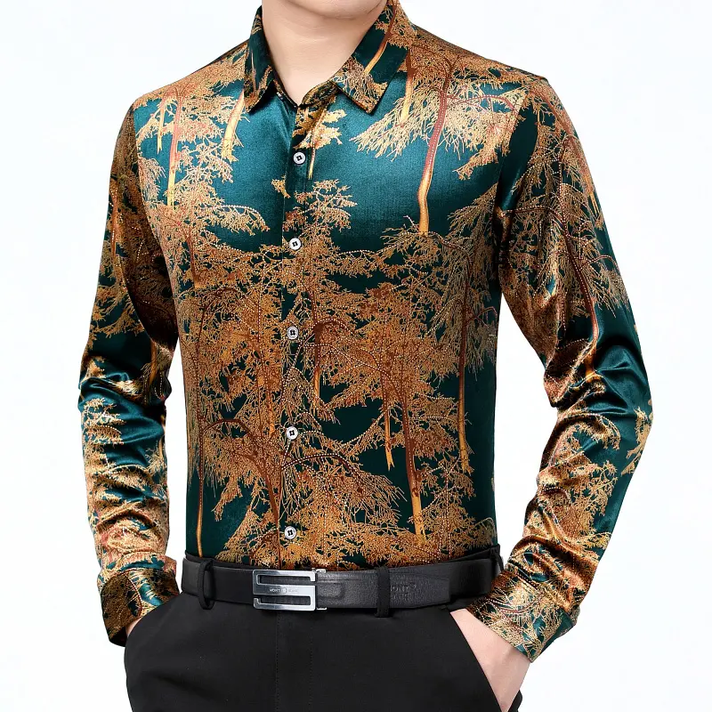 Men Social Casual Confortable Shirt Male, Fashion Gold Print Men Green Velvet Velour Dress Shirts