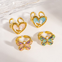 Bague ouverte en acier inoxydable style papillon cœur, tendance, avec perle coquillage incrustée et finition émail goutte d'huile, bague sous vide