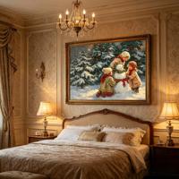 Ensemble de 2 tableaux muraux en toile vintage avec éclairage LED de Noël, impression de enfants construisant un bonhomme de neige et Père Noël, décoration rustique de Noël