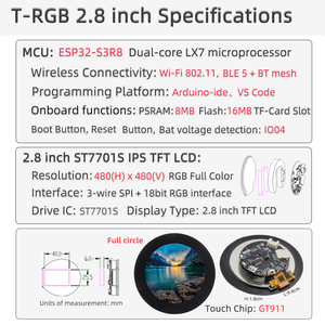 Carte de développement LCD LILYGO TTGO T-RGB 2.1'' / 2.8'' compatible avec le module LCD TFT ESP32-S3 ST7701S, écran tactile couleur - Product Image 6