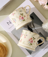 Taza de Cerámica de Porcelana Fina con Diseño de Borde Dorado de Lujo, Estilo Nórdico, Estampado Floral, Ecológica, con Asa, Libre de BPA, Resistente al Calor