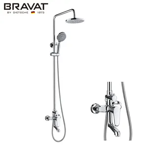 Bravat Low Lead brass chrome shower bar bath mixer wall hung shower set with 5-function Hand Shower and spout